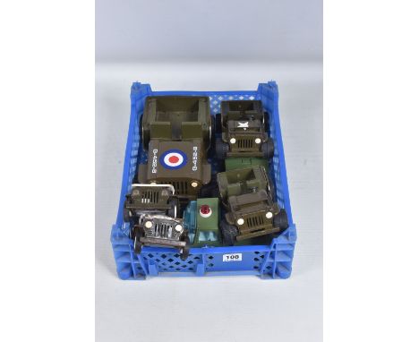 FIVE TONKA TOYS U.S. ARMY WILLYS JEEPS, assorted scales and colour schemes, largest one missing windscreen, with a Mini Tonka