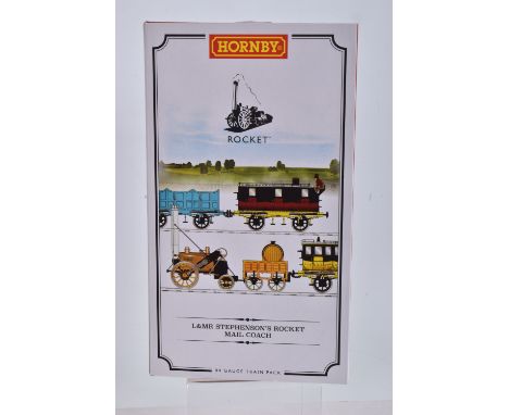 A BOXED OO GAUGE HORNBY ROYAL MAIL TRAIN PACK,  L&amp;MR Stephenson's Rocket Royal Mail Coach 4 Pack, no. R3956, in like new 