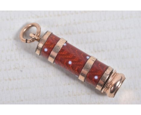 A GOLD PLATED AND ENAMEL COMPACT PENCIL, extendable pencil within a red guilloche enamel and gold plated case, fitted with a 