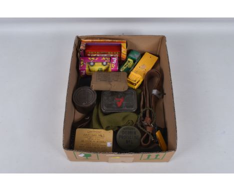 BOX CONTAINING MILITARY RELATED ITEMS AS FOLLOWS, Anti Gas Ointment No 2, Rifle cleaning kit, WW2 field Dressing, B1-A tin, O
