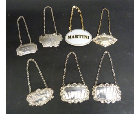 A Pair of London Silver Decanter Labels, together with three other silver decanter labels and two other decanter labels