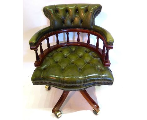 A 20th Century Green Leather Button Upholstered Revolving Office Armchair