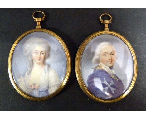 A Pair of 19th Century Oval Portrait Miniatures, Study of a Lady and Gentleman, with initials painted to the reverse, 6 x 5 c