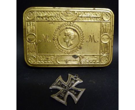 A 1914 Queen Mary Christmas Tin, together with a German First World War Military Cross