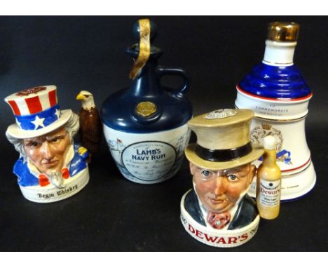 A Royal Doulton Dewars White Label Scotch Whiskey Decanter, together with another similar Beam Bourbon, a Lamb's Navy Rum dec
