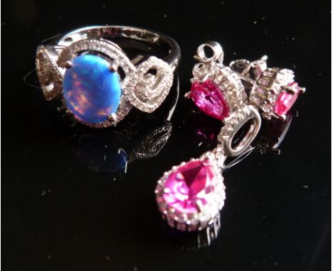 A 925 Silver Cluster Ring, set with large blue opalite surrounded by cubic zirconias together with a pair of ear studs and ma