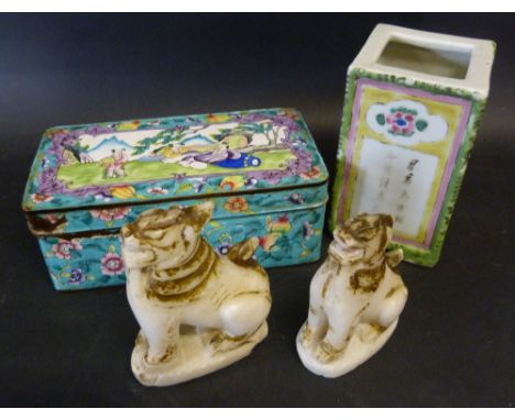 A 19th Century Chinese Enamel Decorated Casket, together with a Chinese porcelain brush pot of square form and two Eastern mo