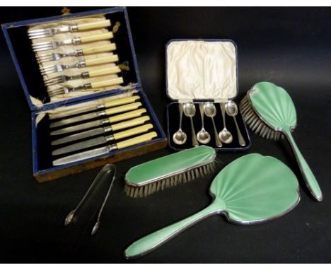 A Set of Six London Silver Teaspoons within Fitted Case, together with an enamel backed three piece dressing table set, a cas