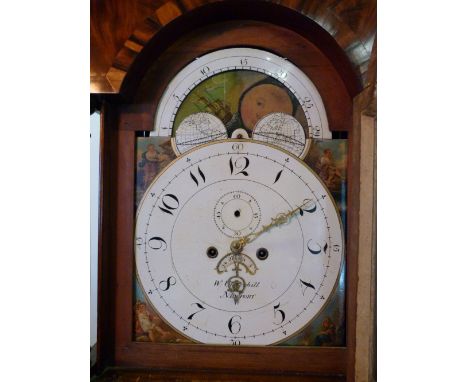 A George IV Mahogany Long Case Clock, the arched hood with swan neck pediments flanked by turned pilasters above a shaped cro