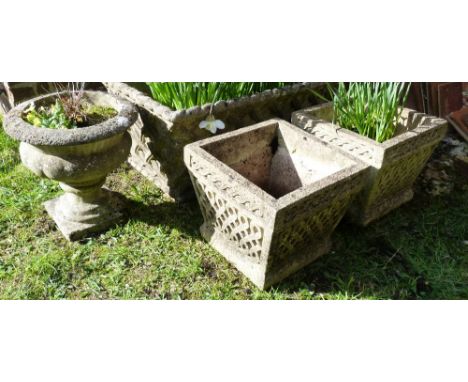 A Pair of Reconstituted Stone Planters of square tapering form together with another similar pedestal planter