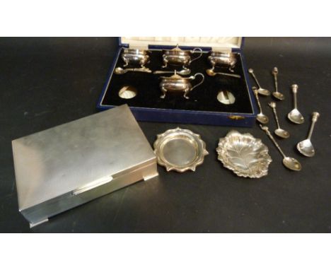 A Birmingham Silver Four Piece Cruet Set comprising of Two Salts and Two Mustards, together with a Birmingham Silver cigarett