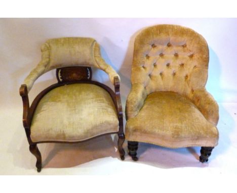 An Edwardian Marquetry Inlaid Tub Shaped Drawing Room Armchair, together with a Victorian button back upholstered low seat ch