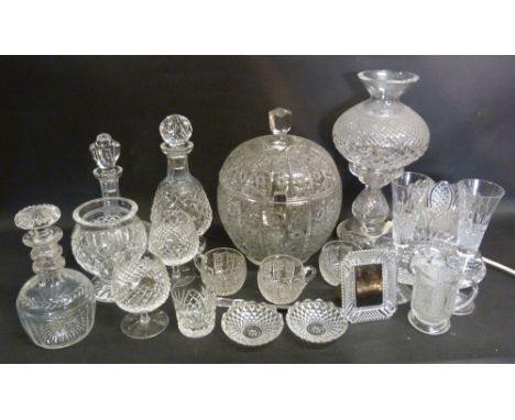A Waterford Cut Glass Decanter with Stopper, together with other items of Waterford cut glass to include a mantle clock and o