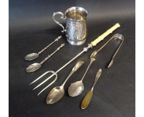 A Victorian Silver Christening Mug of Engraved Form, London 1875, together with a Sheffield silver ivory handled toasting for