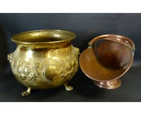 A Large Brass Jardiniere with Embossed Decoration, together with a collection of other copper and brass ware, to include an o