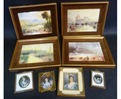 A Group of Four Coalport Porcelain Panels 'Views of England and Wales', together with four reproduction portrait miniatures
