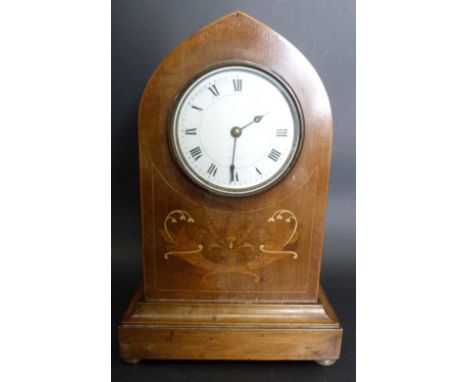 An Edwardian Mahogany and Marquetry Inlaid Lancet Clock, the enamel dial with Roman numerals, 31.5 cms tall