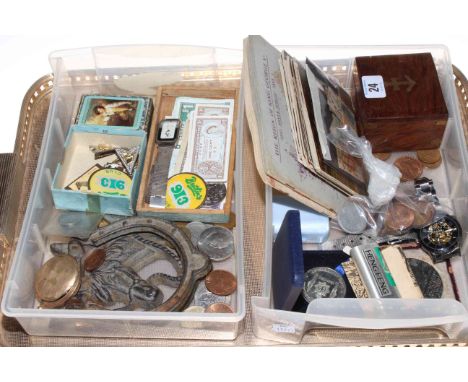 Assorted collectables including German Lusitania medal, coins and notes, cigarette cards, postcards, watches, boxed compass e