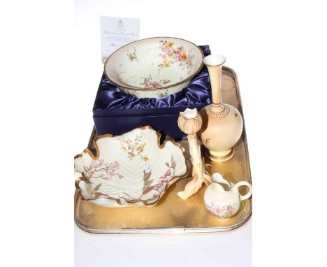 Royal Worcester Blush Bennett bowl, leaf shaped dish, Blush vase, jug and candle holder.