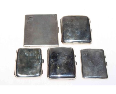 Collection of five silver cigarette cases, two engine-turned, 14oz