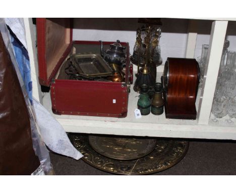 Collection of brass and silver plate, mantel clock, binoculars, case etc.