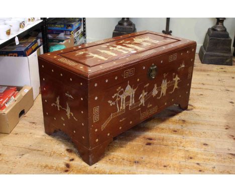 Oriental hardwood and inlaid trunk, 49cm by 91cm 