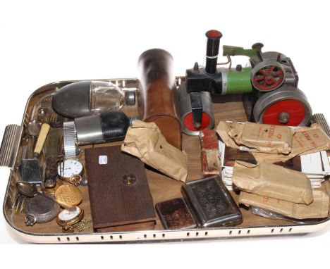 Mamod steam roller, vintage Harrods gentleman's travel case, pocket watches, two hip flasks, cigarette cards etc.