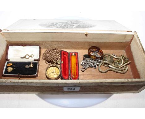 Box with 9ct gold fob watch, gold mounted cheroot holder, gold stick pins, silver albert, muff chain etc