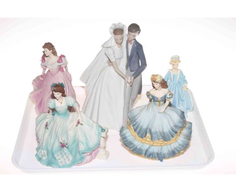 Nao bride and groom, three Coalport Age of Elegance figures and Royal Worcester Grandmothers Dress (5).