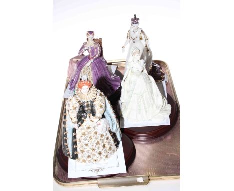 Three Royal Worcester Queen figures, Queen Elizabeth, QEII and Mary Queen of Scots and Coalport Queen Mary (4).