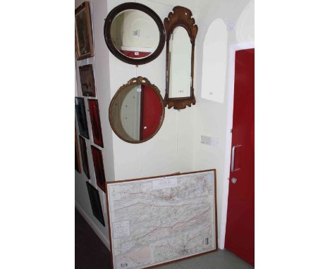 Georgian walnut framed wall mirror, framed Ordnance Survey map of Hadrian's Wall and three various wall mirrors (5)