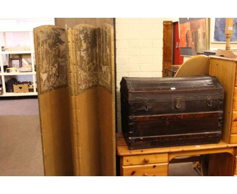Canvas and wood bound dome trunk and three-fold tapestry panelled vanity screen (2)