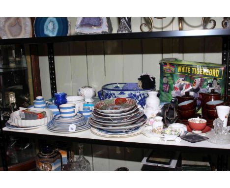 Shelf of T.G. Green pottery, Aynsley, Meccano, Denby, Imari plates, doll, Wedgwood.