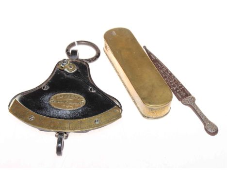 Vintage salters quadrant balance, brass tobacco box and small dagger 
