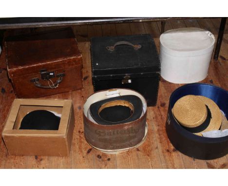 Collection of vintage hat boxes including Locke &amp; Co. top hat, folding top hat, Victorian hats, bowler etc.