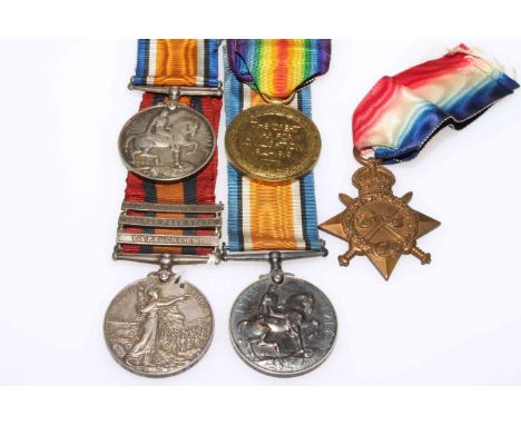 Five military war medals with ribbons. Medals include Queen Victoria, South Africa with three name bars - South Africa 1901, 