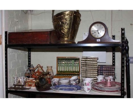 Writing slope, embossed brass coal bucket, copper warming pan, oak mantel clock, canteen of fish eaters, cottage ware etc.