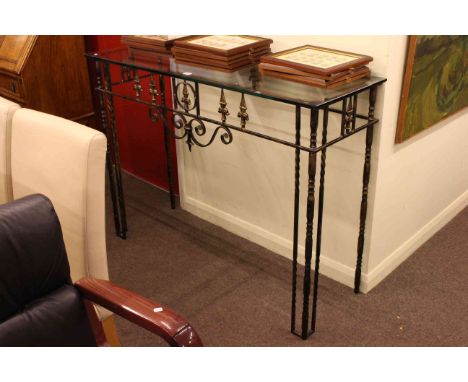 Contemporary glass topped and wrought metal console table 