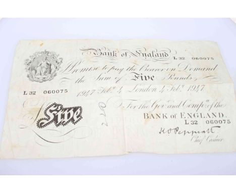 Bank of England white five pounds K. O. Peppiatt, London, 4th Feb 1947. Serial No. L32 060075 