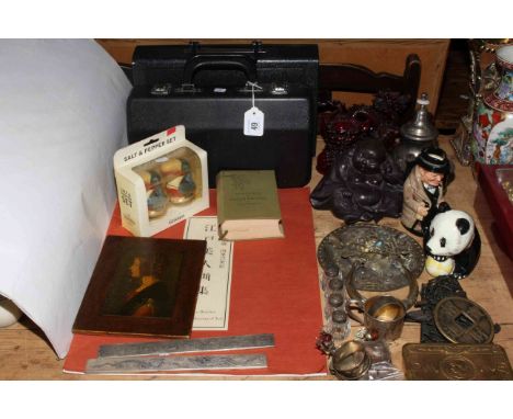 Two clarinets in cases, Beswick Panda, Royal Doulton Winston Churchill, Guinness, WWI 1914 Christmas tin, brass Chinese dog h