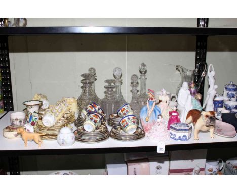 Shelf of glass decanters, Noritake, Aynsley, Royal Worcester limited edition lady, Masons, Royal Doulton ladies, Beswick, etc