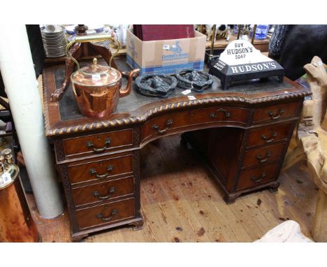 Mahogany Chippendale style inverted bow front nine drawer pedestal desk 75cm x 138cm