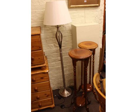 Contemporary standard lamp and shade, pair twist leg plant stands, hardwood nest of three tables, glass topped nest of tables
