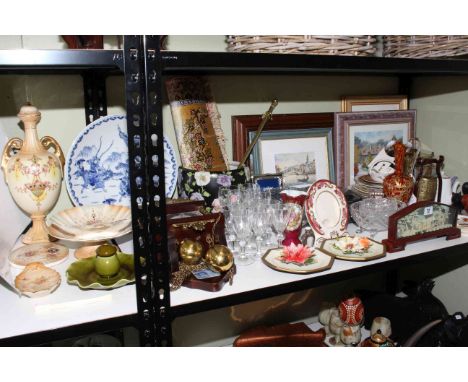 Shelf of ceramics, glass, prints, wall clock, rug including Linthorpe, Crown Devon, Limoges, carriage clocks, Masons, blue an