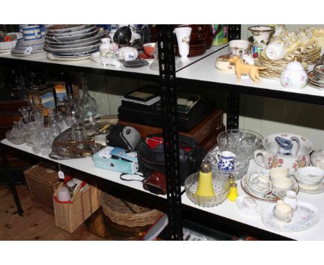 Shelf of cased cutlery, cut glass, pair of vases, cameras, vanity set, Coalport, Shelly china, decanter.