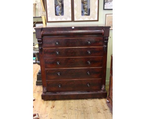 Victorian mahogany scotch chest of six long drawers on bun feet 140cm by 126.5cm