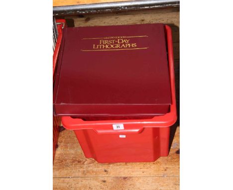 Box of assorted First Day covers, lithograph First Day covers, coinage, banknotes etc.