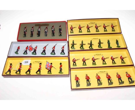 Seven boxed lead soldier toys including The London Rifles, Northumberland Regiment, Essex Regiment, Worcester Regiment, Green