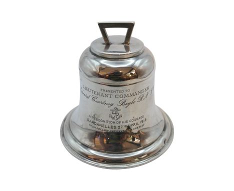 WWI Silver Naval Bell Inkwell Victoria Cross recipitate Lieutenant Commander Edward Courtney Boyle RNVC, engraved Presented t