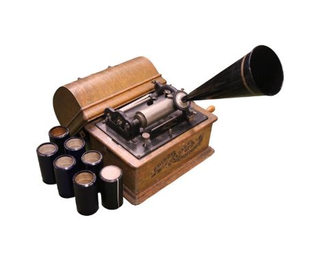 Oak Cased Edison Standard Phonograph with tole horn and cylinders to include God Save the King Band No.1, 4047 Everybodys Bud